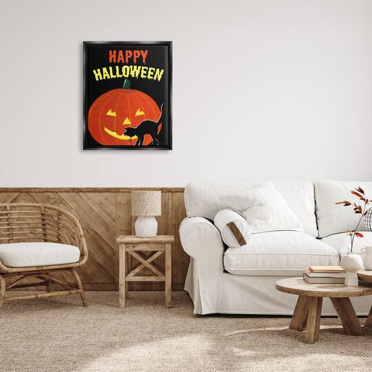 Stupell Industries Happy Halloween Haunted Jack-o-Lantern Framed Floater Canvas Wall Art